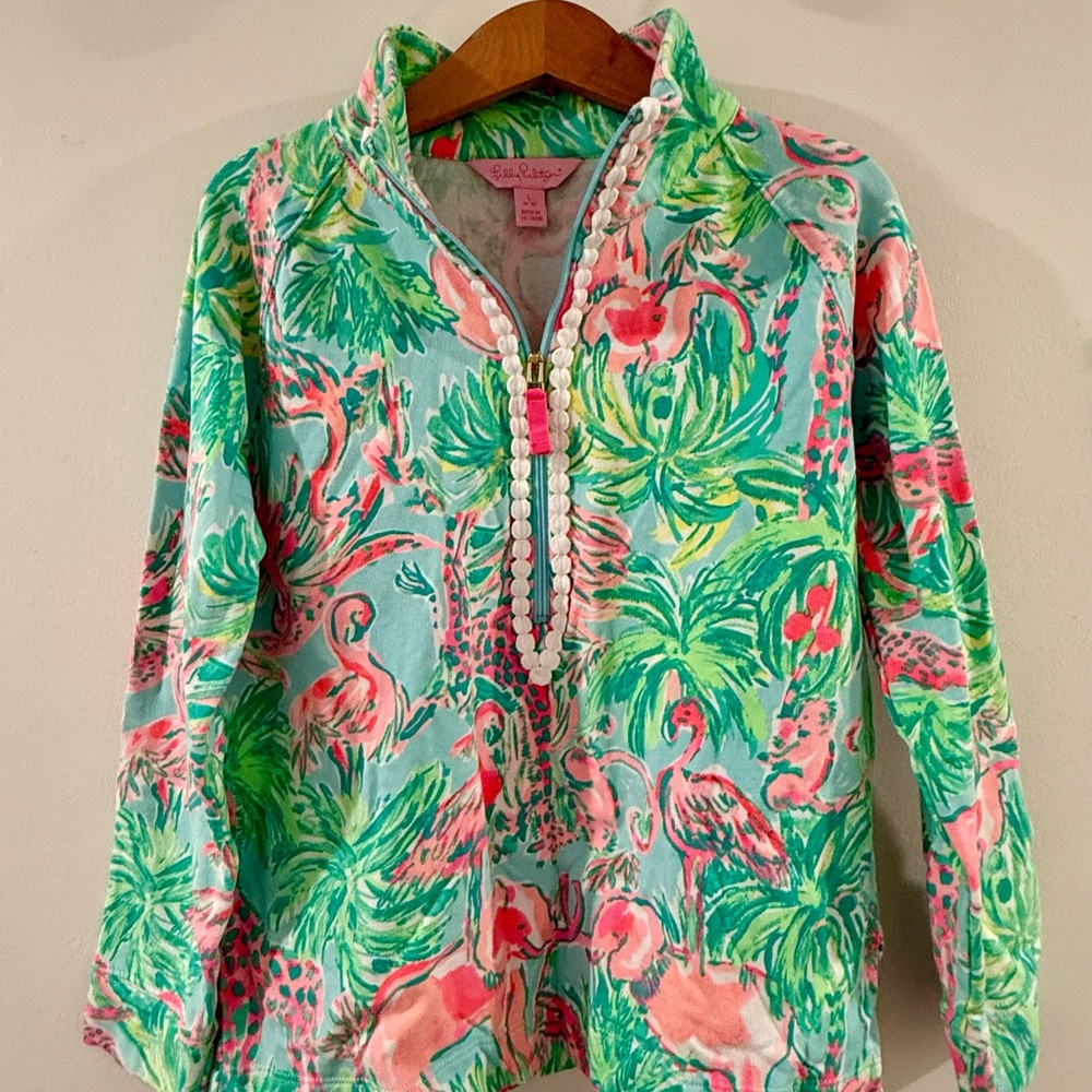 LILLY PULITZER “KIDS” Tropical Flamingo 🦩 1/2 ZIP Sweatshirt - Pink and Green